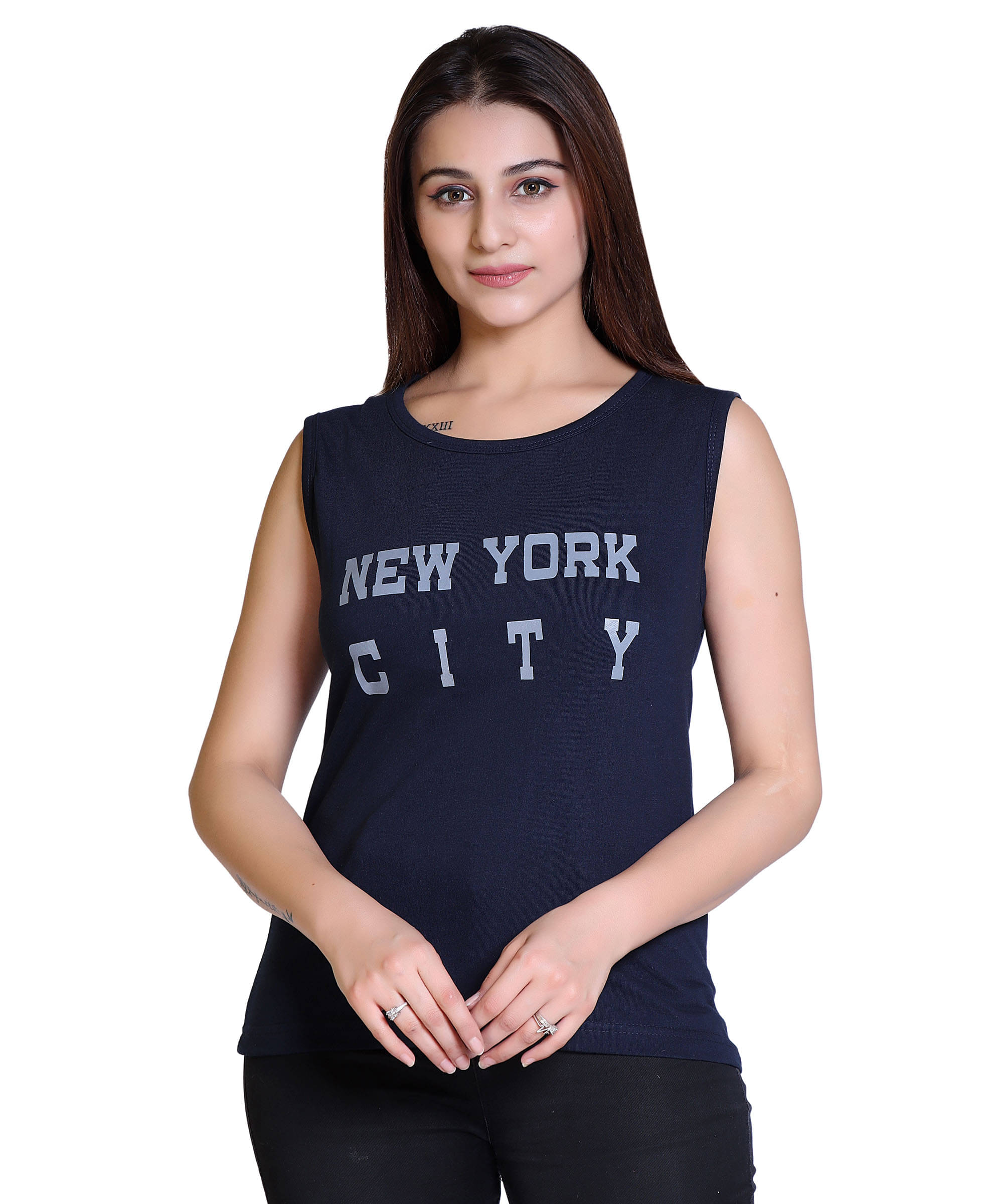     			Ogarti Women Cotton Blend Printed Regular Fit Round Neck T-Shirt ( Navy )