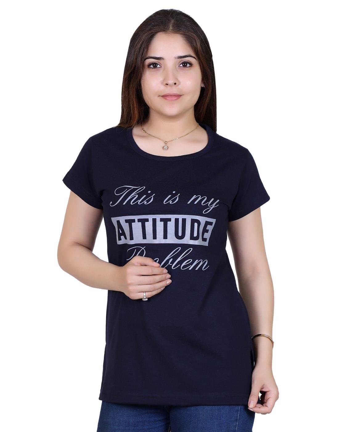     			Ogarti Women Cotton Blend Printed Regular Fit Round Neck T-Shirt ( Navy )