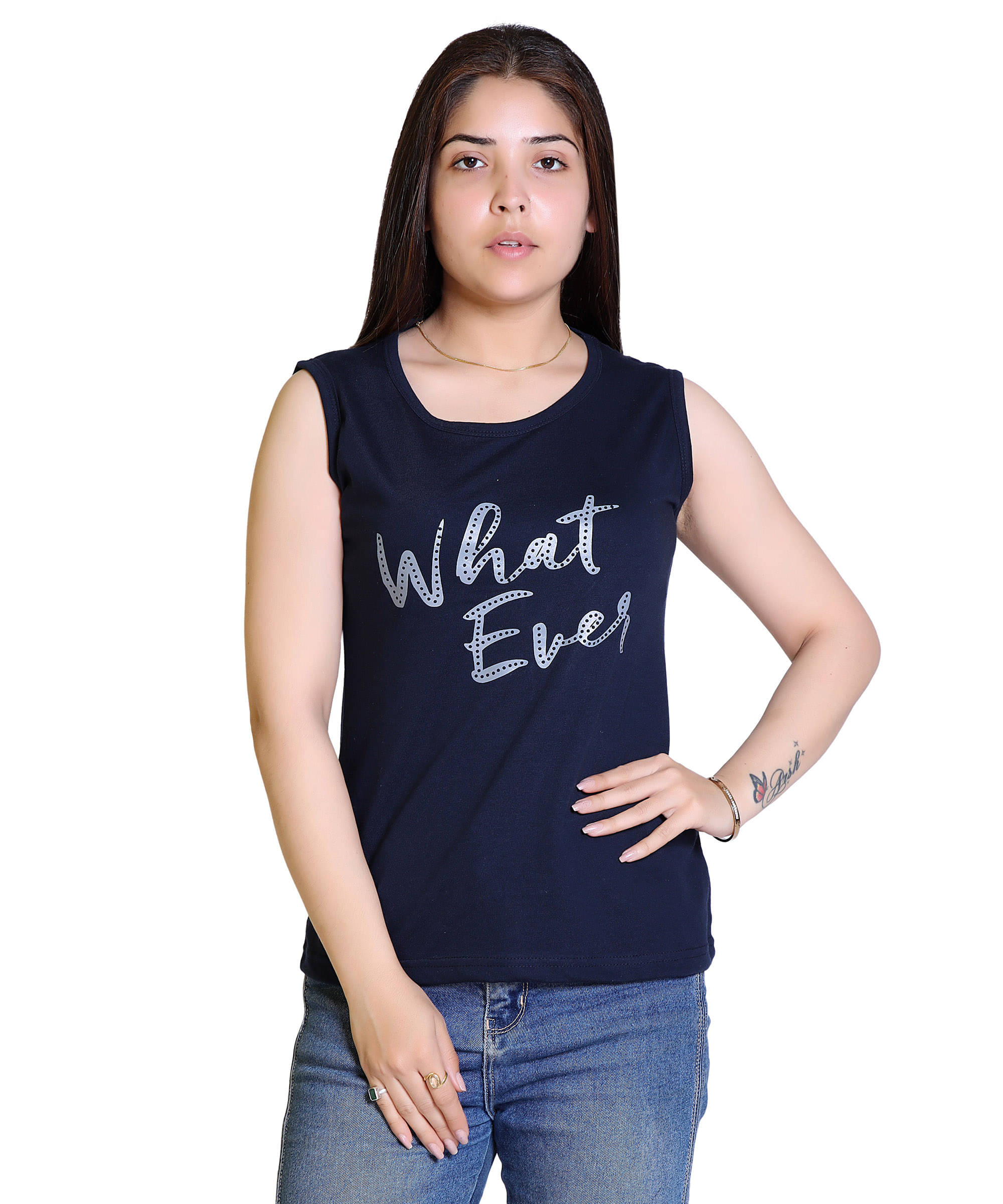     			Ogarti Women Cotton Blend Printed Regular Fit Round Neck T-Shirt ( Navy )