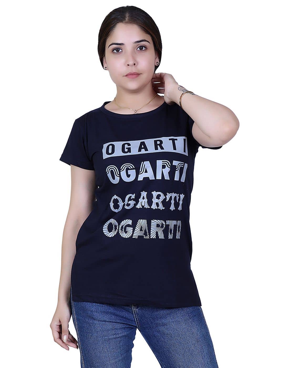 Ogarti Women Cotton Blend Printed Regular Fit Round Neck T-Shirt ( Navy )