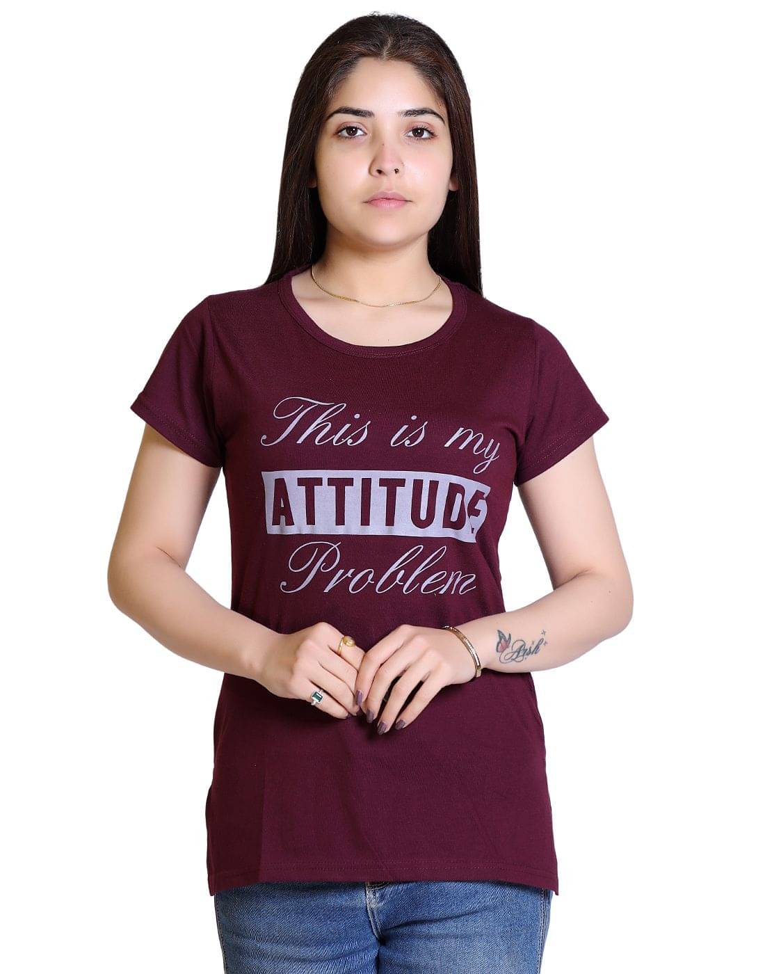 Ogarti Women Cotton Blend Printed Regular Fit Round Neck T-Shirt ( Wine ) Ogarti Women Cotton Blend Printed Regular Fit Round Neck T-Shirt ( Wine )