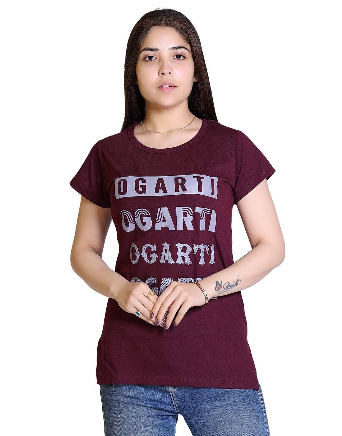     			Ogarti Women Cotton Blend Printed Regular Fit Round Neck T-Shirt ( Wine )