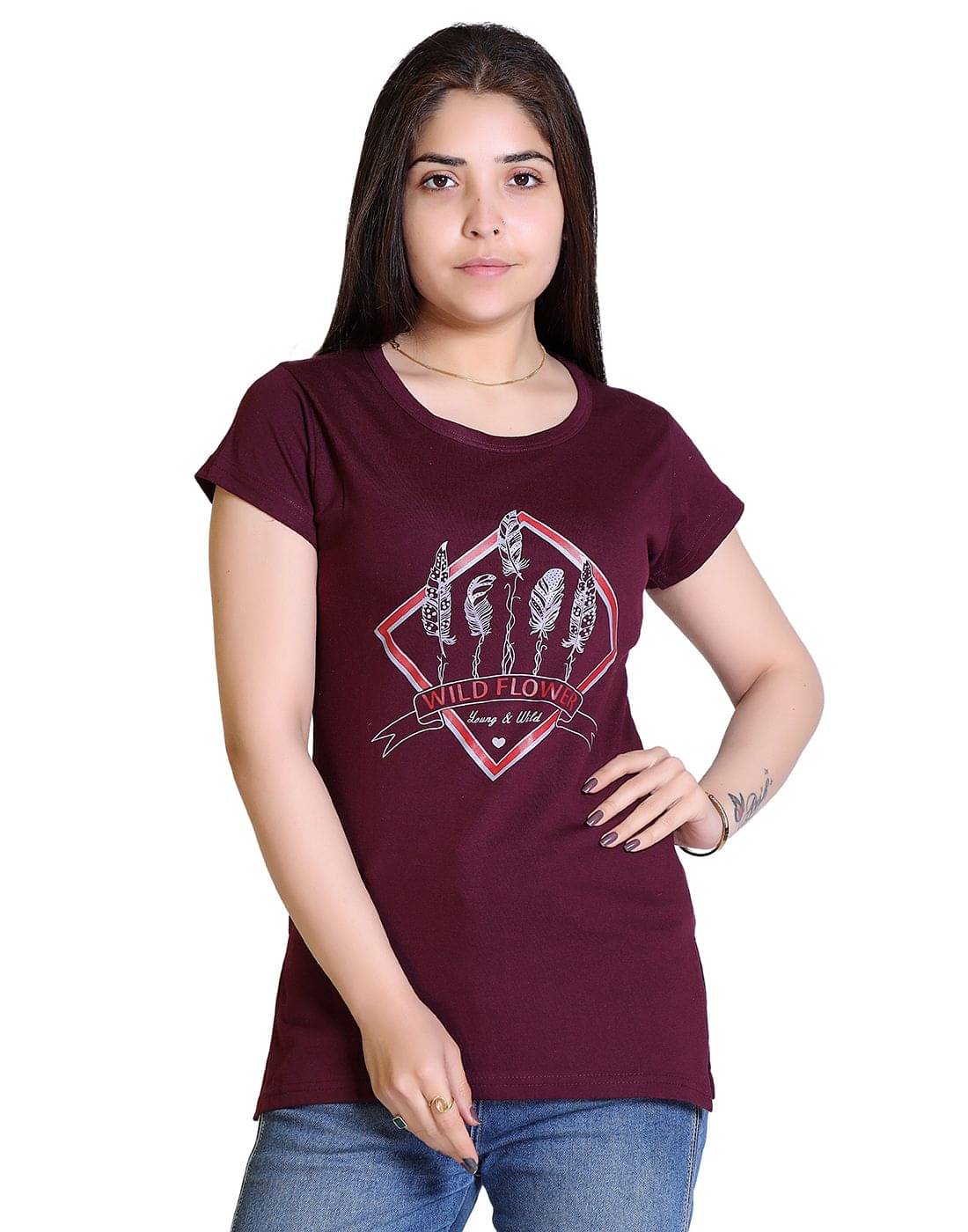     			Ogarti Women Cotton Blend Printed Regular Fit Round Neck T-Shirt ( Wine )