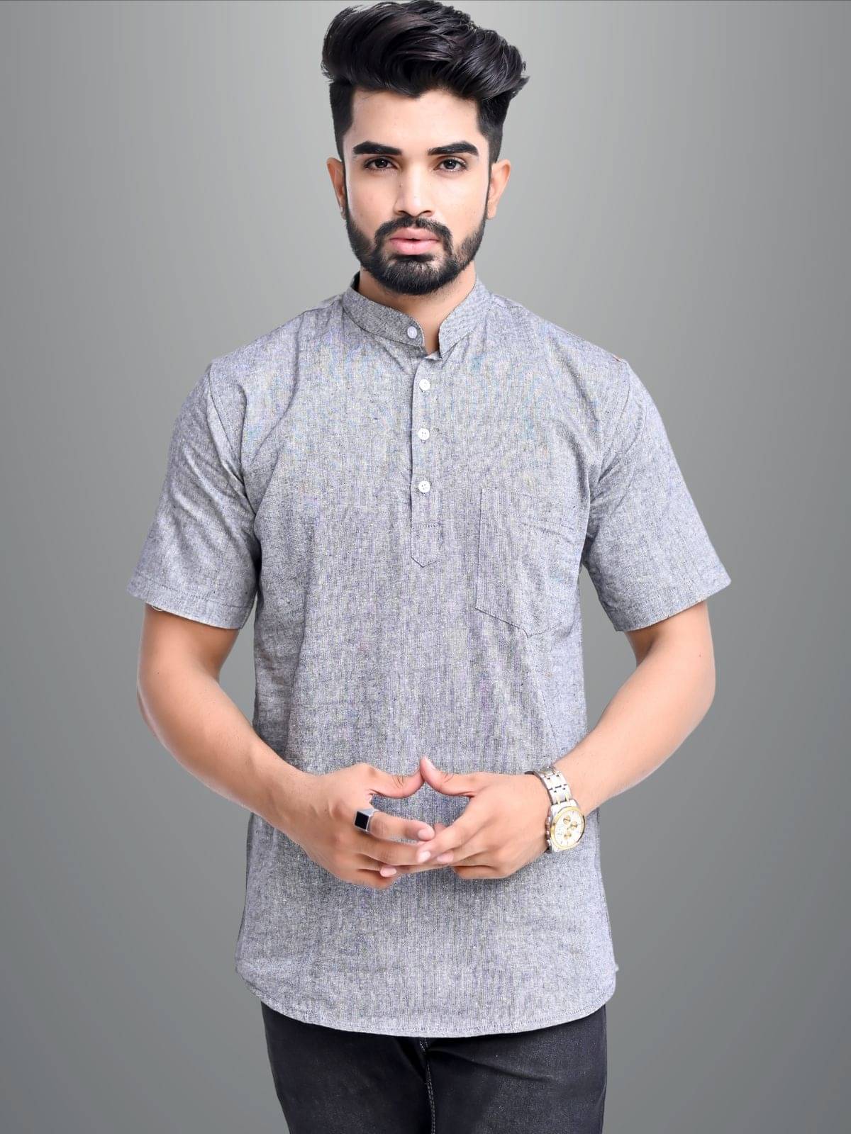QuaClo - Grey Cotton Blend Men's Shirt Style Kurta ( Pack of 1 ) QuaClo - Grey Cotton Blend Men's Shirt Style Kurta ( Pack of 1 )
