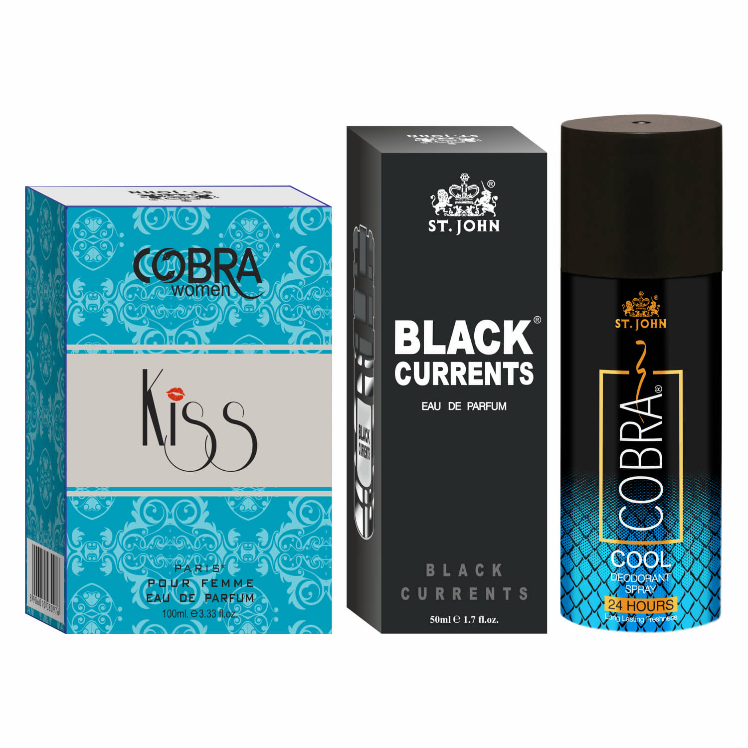 St. John - Cobra Cool 150ml,Black Current & kiss Deodorant Spray & Perfume for Unisex 300 ml ( Pack of 3 )