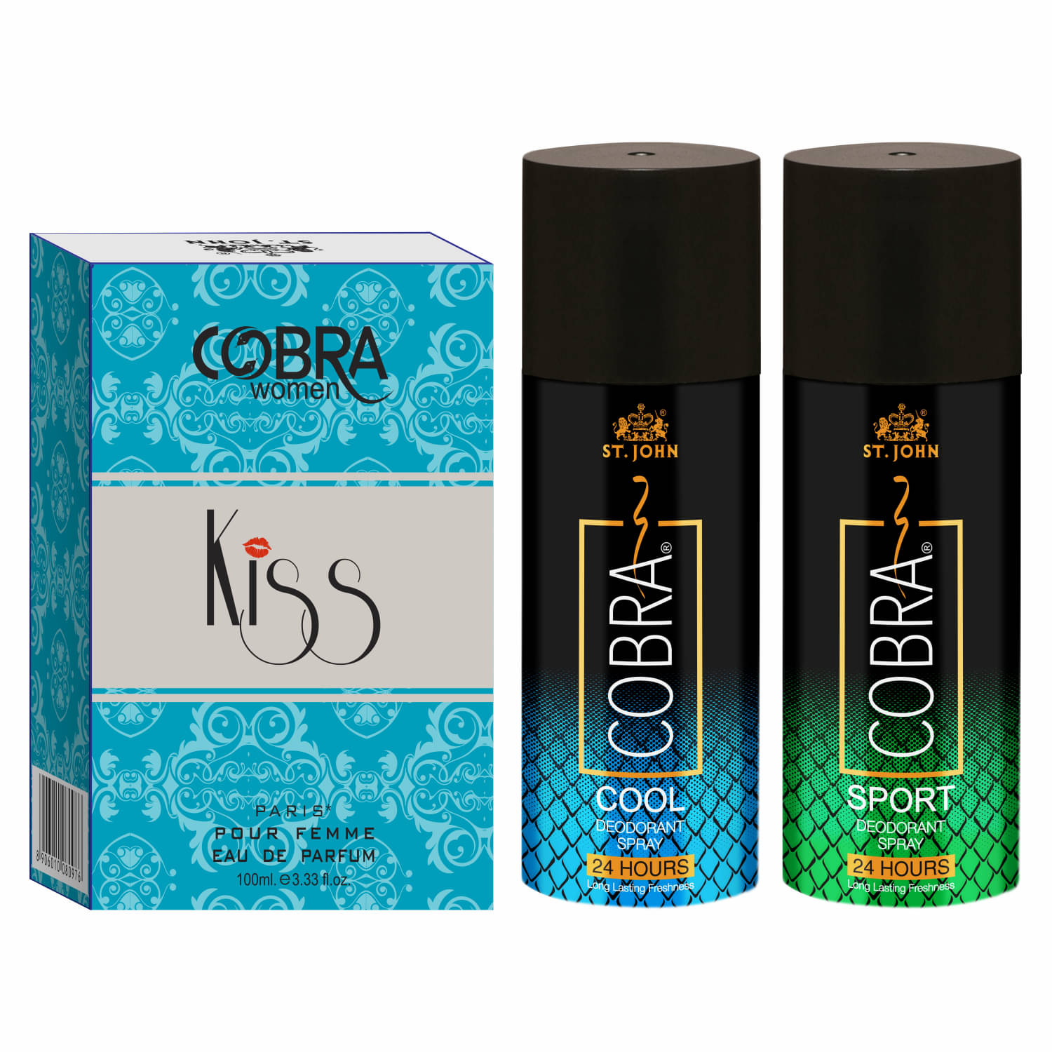     			ST.JOHN Cobra Cool,Sport 150ml Each & Kiss 100ml Deodorant Spray & Perfume for Men (400ml) Pack of 3