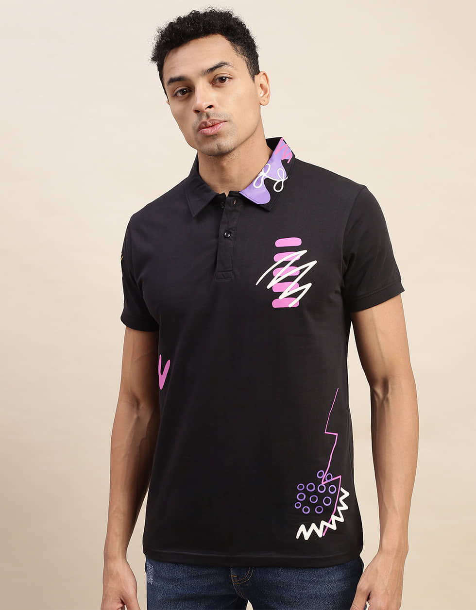 Veirdo Pack of 1 Cotton Regular Fit Printed Half Sleeves Men's Polo T Shirt ( Black )