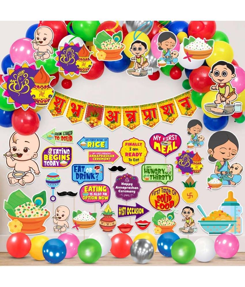     			Zyozi Annaprasanam Swirls hangings with Annaprasanam Bunting Banner Hindi Font Shubh Annaprashan and Balloon,Photo Booth Props, Cardstock Cutout (Pack of 65)