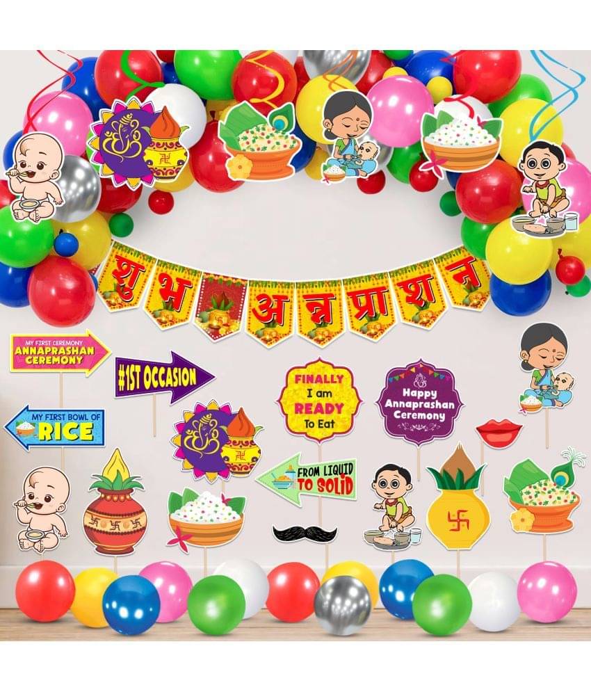     			Zyozi Annaprasanam Swirls hangings with Annaprasanam Bunting Banner Hindi Font Shubh Annaprashan and Balloon,Photo Booth Props (Pack of 50)