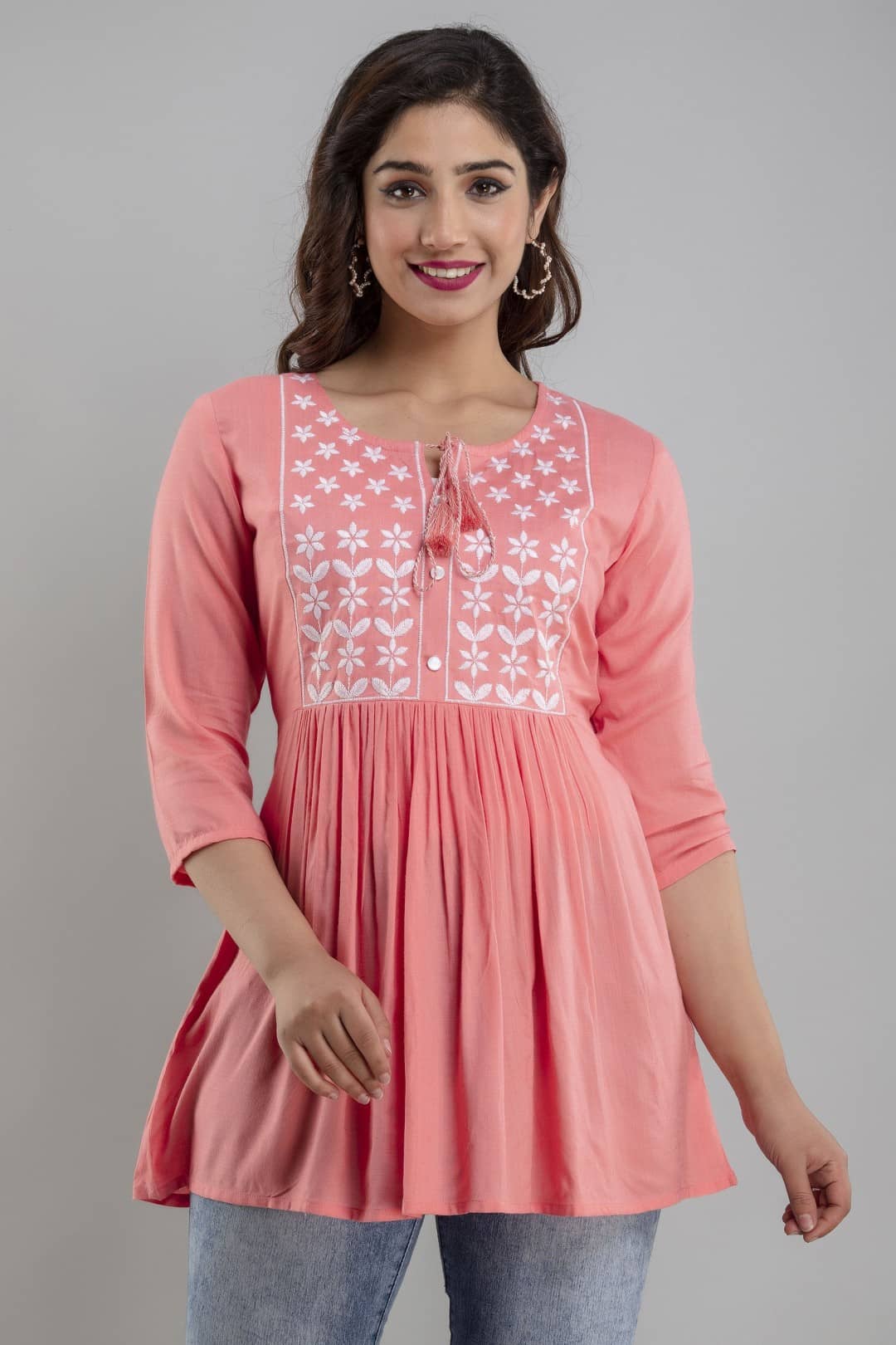 ASHISH PRINT Women's Rayon Peplum Top ( Peach )