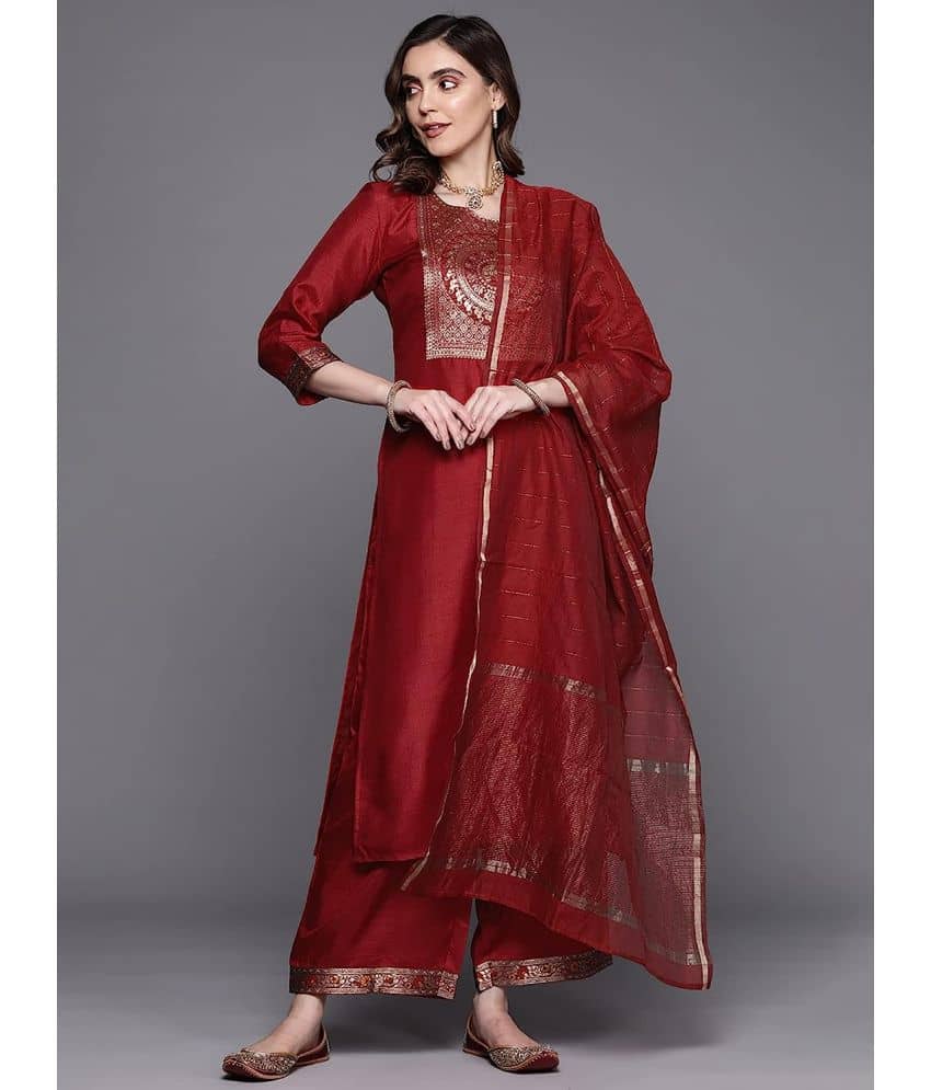 Estela - Maroon Straight Cotton Women's Stitched Salwar Suit ( Pack of 1 )