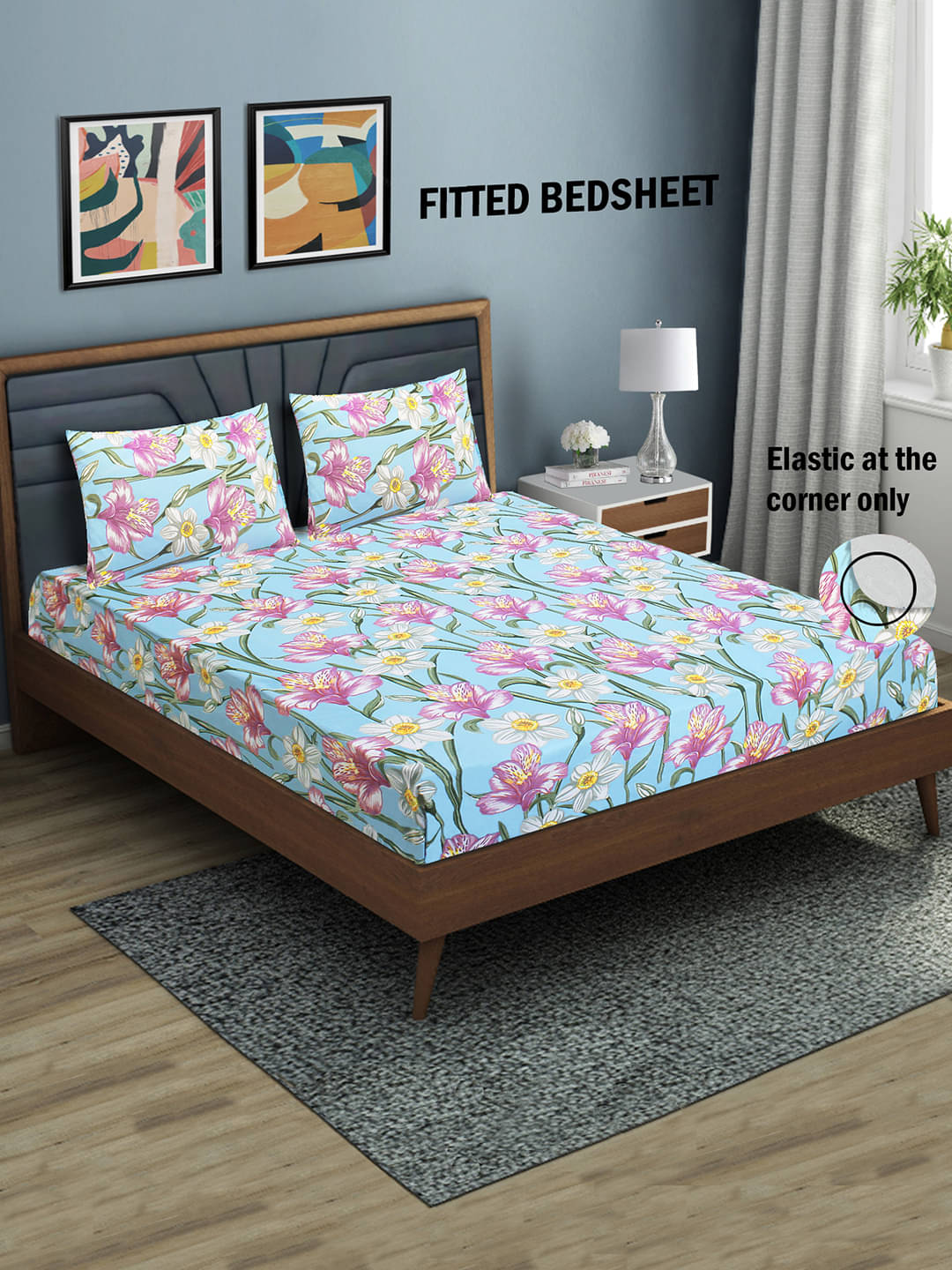     			Home Candy Microfibre Floral 1 Bedsheet with 2 Pillow Covers - Blue