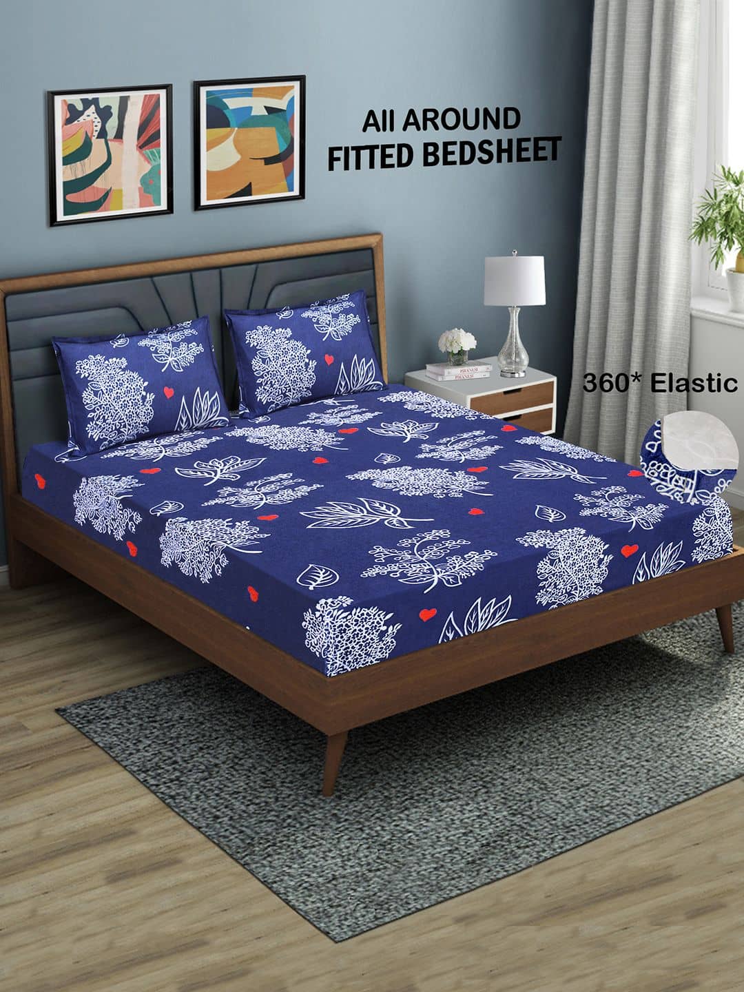 Home Candy Microfibre Floral 1 Bedsheet with 2 Pillow Covers - Blue