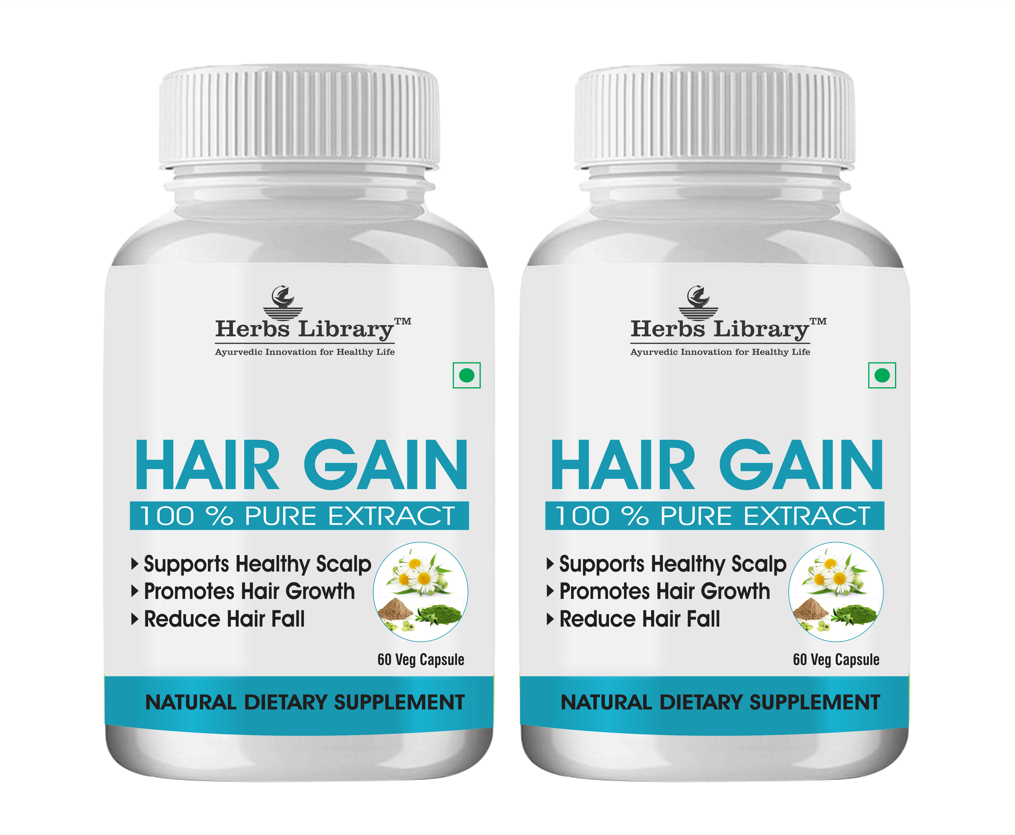 Herbs Library Hair Gain, Herbal Supplement For Hair Growth, 60 Capsules Each (Pack of 2)