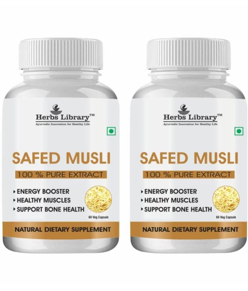 Herbs Library Safed Musli Extract for Body Strength, Stamina, & Energy 60 Capsules Each (Pack of 2) Herbs Library Safed Musli Extract for Body Strength, Stamina, & Energy 60 Capsules Each (Pack of 2)