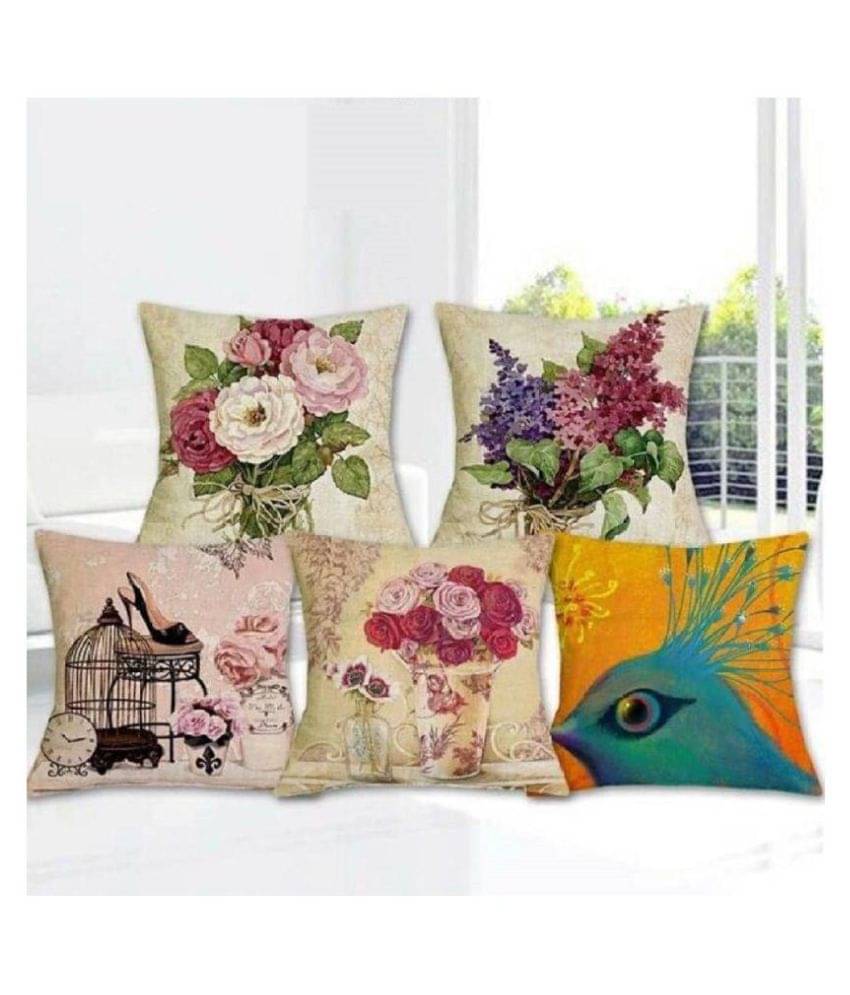 Home Solution Set of 5 Jute Floral Printed Square Cushion Cover (40X40)cm - Multi Home Solution Set of 5 Jute Floral Printed Square Cushion Cover (40X40)cm - Multi