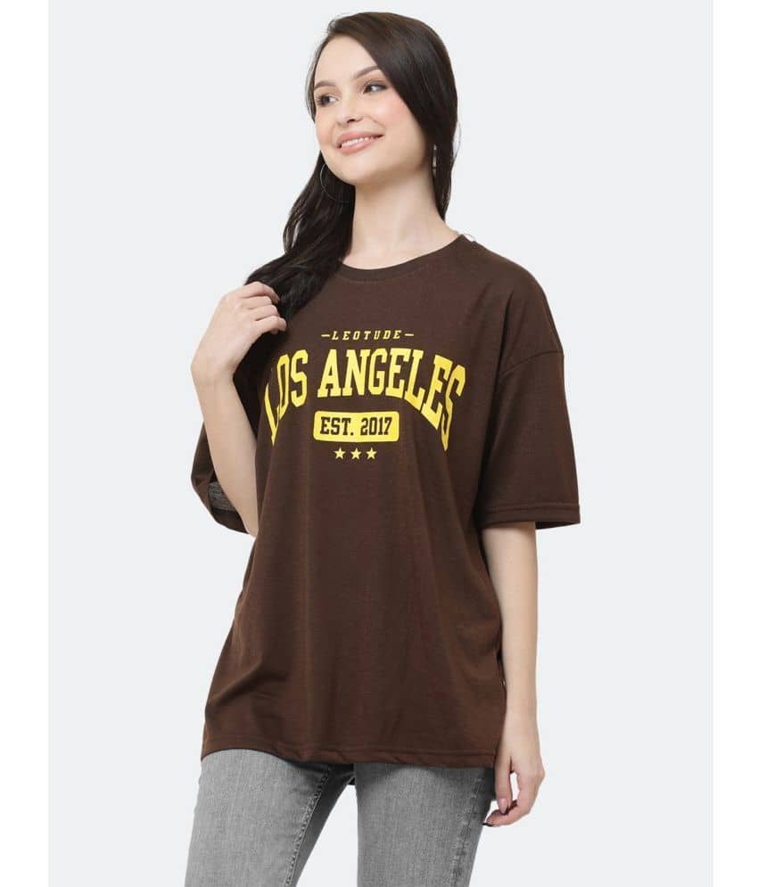 Leotude Women Cotton Blend Printed Oversized Fit Round Neck T-Shirt ( Brown )
