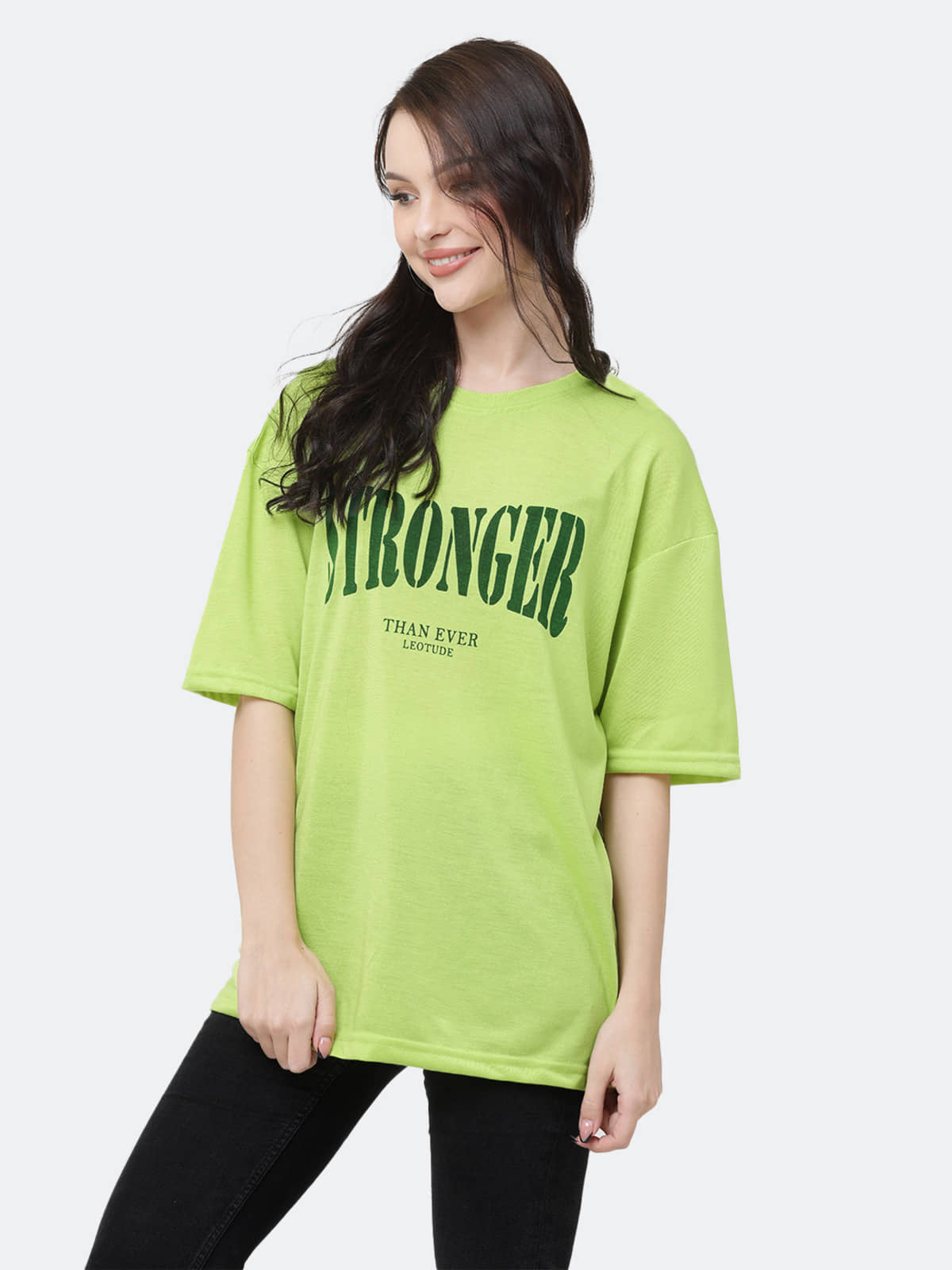 Leotude Women Cotton Blend Printed Oversized Fit Round Neck T-Shirt ( Green )