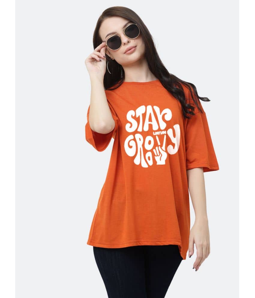 Leotude Women Cotton Blend Printed Oversized Fit Round Neck T-Shirt ( Orange )