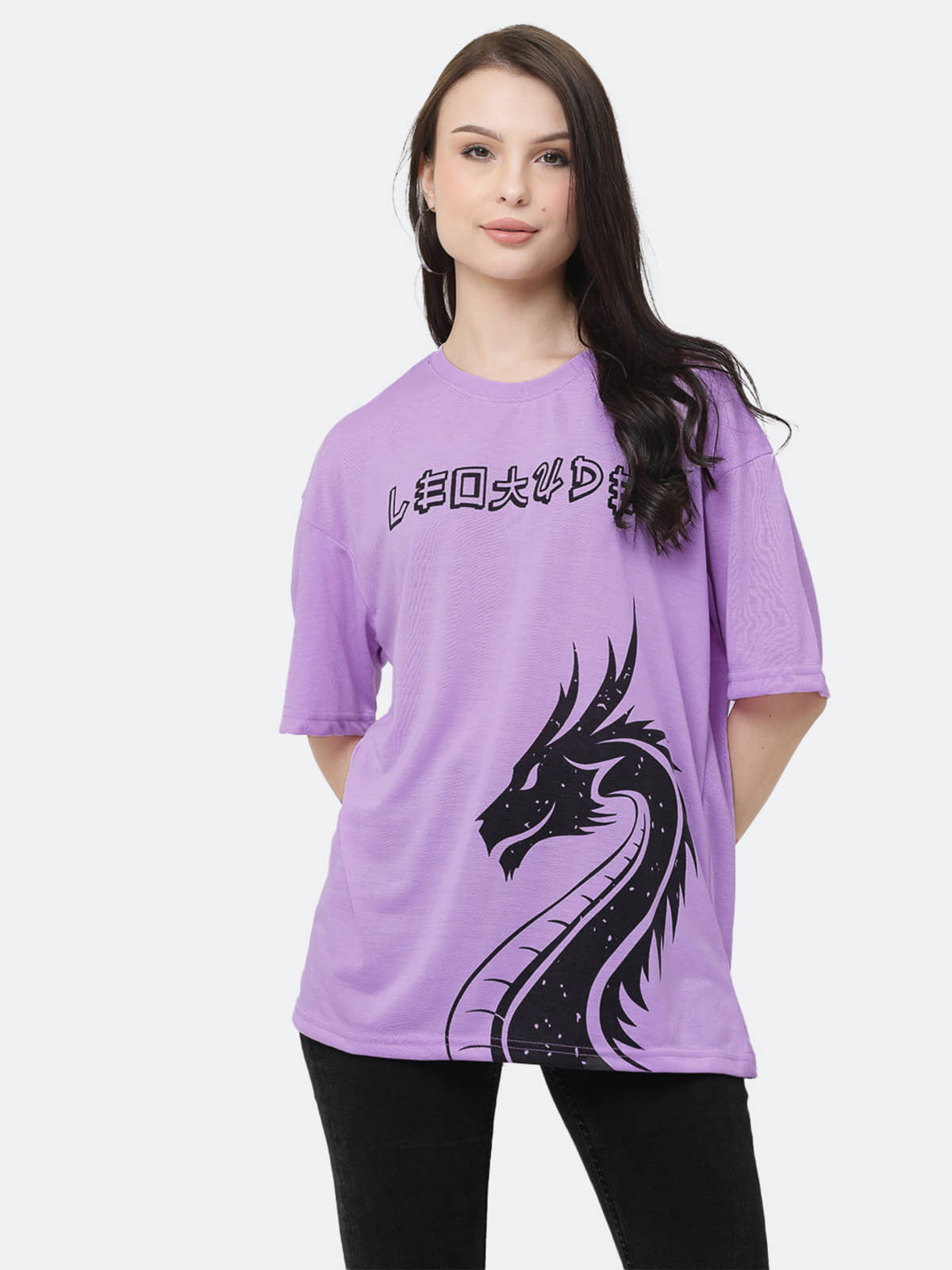 Leotude Women Cotton Blend Printed Oversized Fit Round Neck T-Shirt ( Purple )