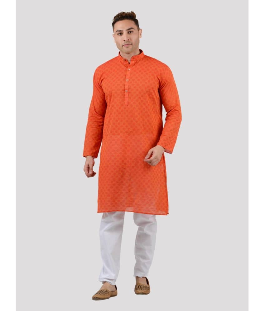 Maharaja - Orange Cotton Blend Regular Fit Men's Kurta Pyjama Set ( Pack of 1 ) - Kurtas & Kurta Sets | Buy online on ZillyBuy