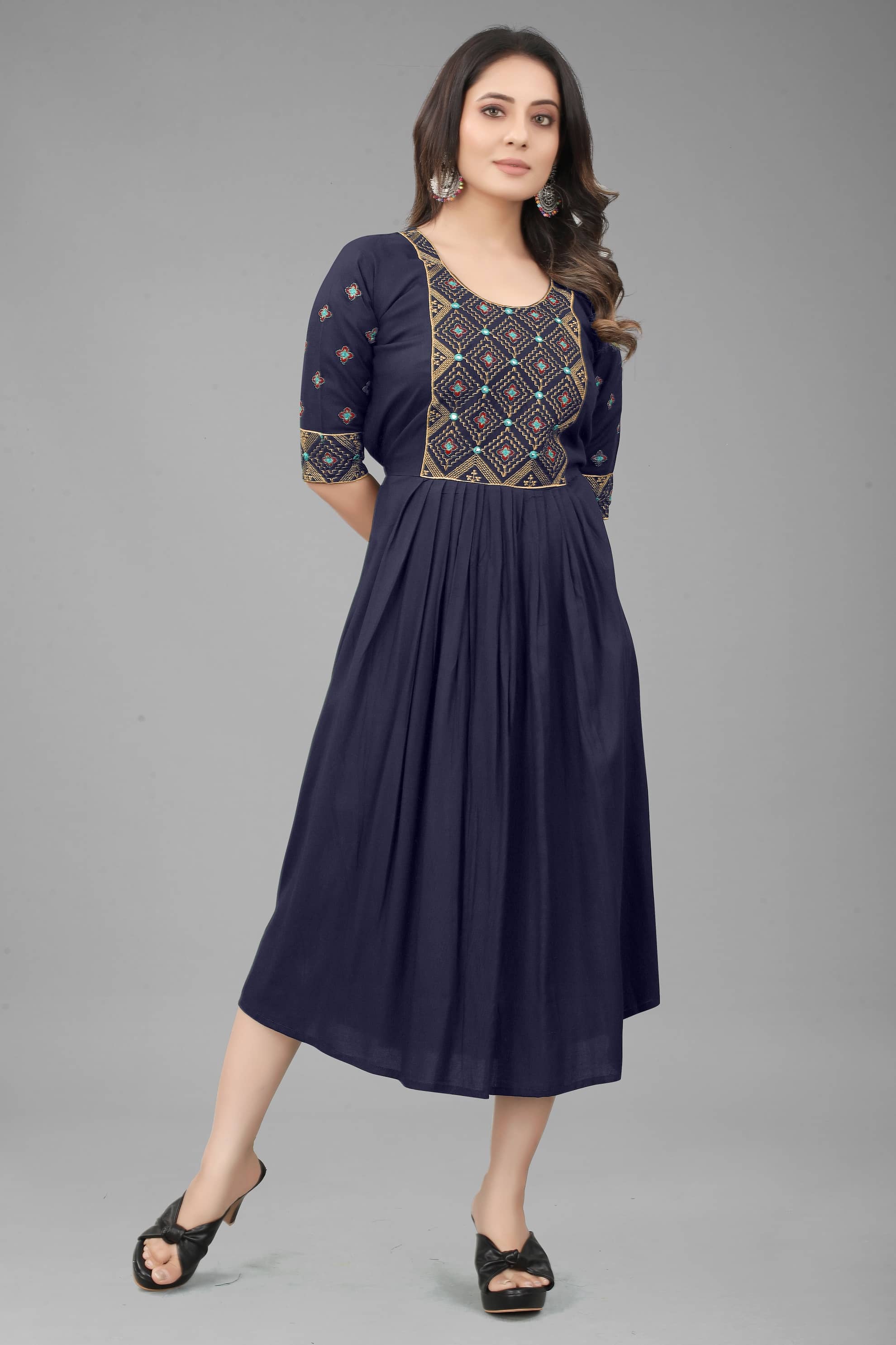 QPEEZ - Blue Rayon Women's Flared Kurti ( Pack of 1 ) - Kurtis, Tunics | Buy online on ZillyBuy