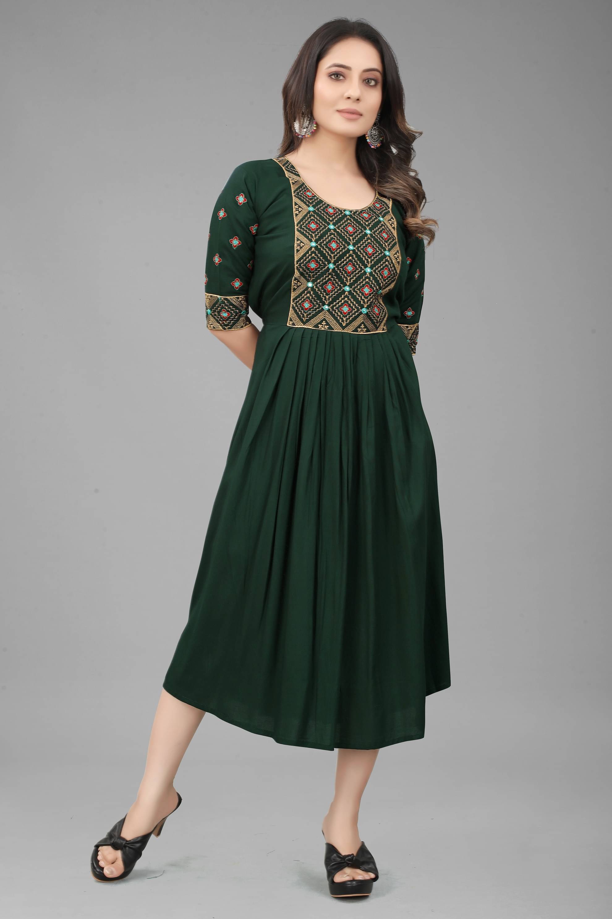 QPEEZ - Green Rayon Women's Flared Kurti ( Pack of 1 ) QPEEZ - Green Rayon Women's Flared Kurti ( Pack of 1 )