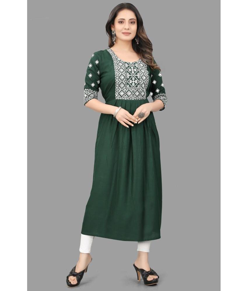 QPEEZ - Green Rayon Women's Flared Kurti ( Pack of 1 ) QPEEZ - Green Rayon Women's Flared Kurti ( Pack of 1 )