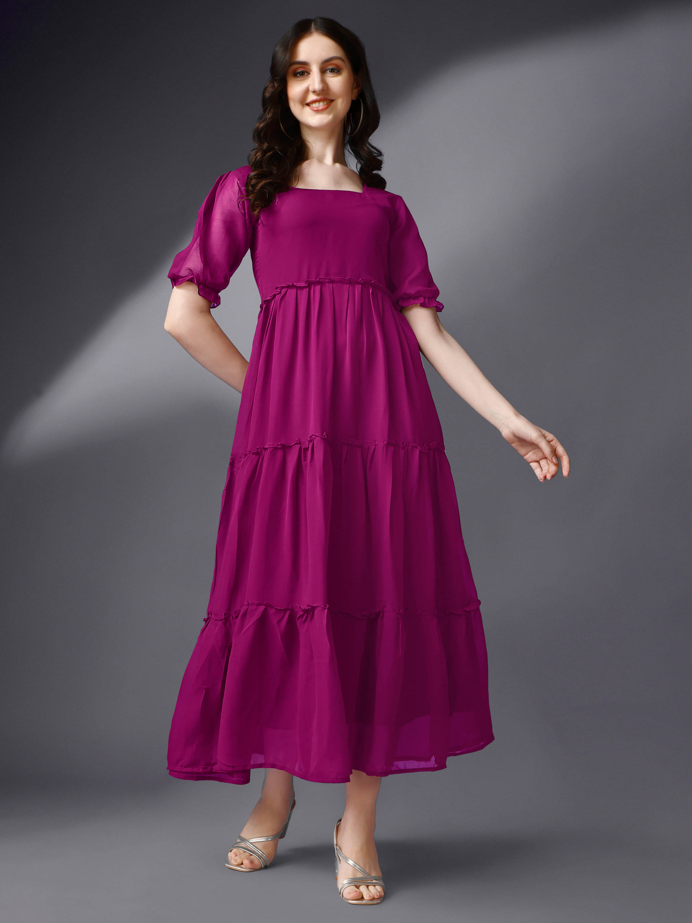     			Femvy Women Georgette Solid Fit & Flare Dress ( Magenta )