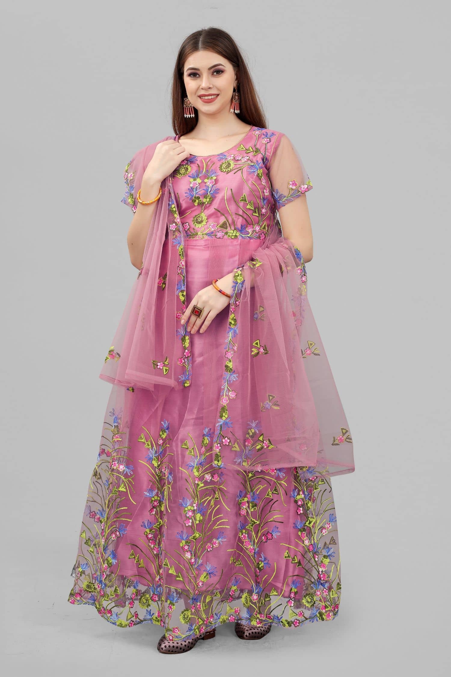 JULEE - Magenta Flared Net Women's Semi Stitched Ethnic Gown ( Pack of 1 ) - Unstitched Fabrics | Buy online on ZillyBuy