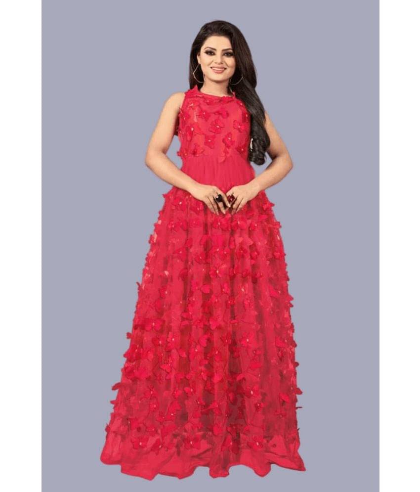 JULEE - Red Flared Net Women's Semi Stitched Ethnic Gown ( Pack of 1 ) JULEE - Red Flared Net Women's Semi Stitched Ethnic Gown ( Pack of 1 )