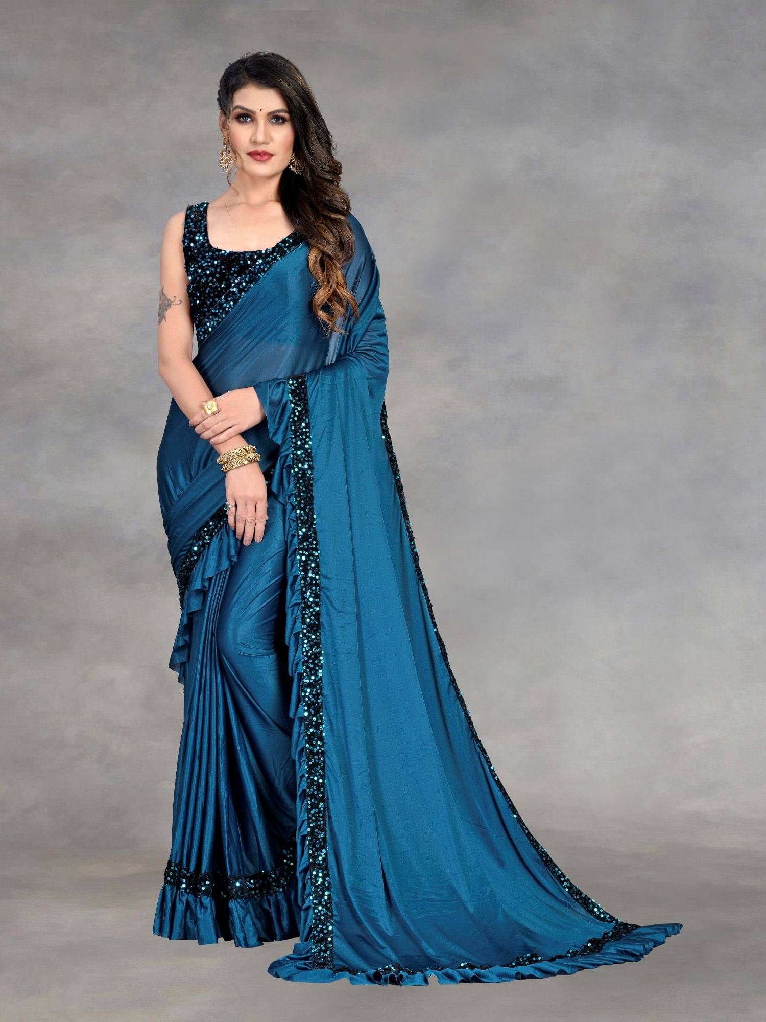 JULEE Lycra Embellished Saree With Unstitched Blouse Piece ( SkyBlue ) JULEE Lycra Embellished Saree With Unstitched Blouse Piece ( SkyBlue )