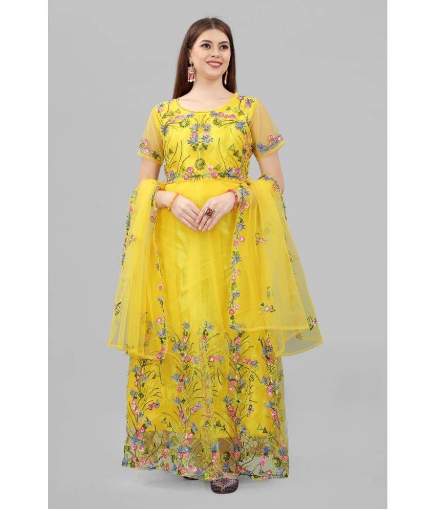 JULEE - Yellow Flared Net Women's Semi Stitched Ethnic Gown ( Pack of 1 )     			JULEE - Yellow Flared Net Women's Semi Stitched Ethnic Gown ( Pack of 1 )