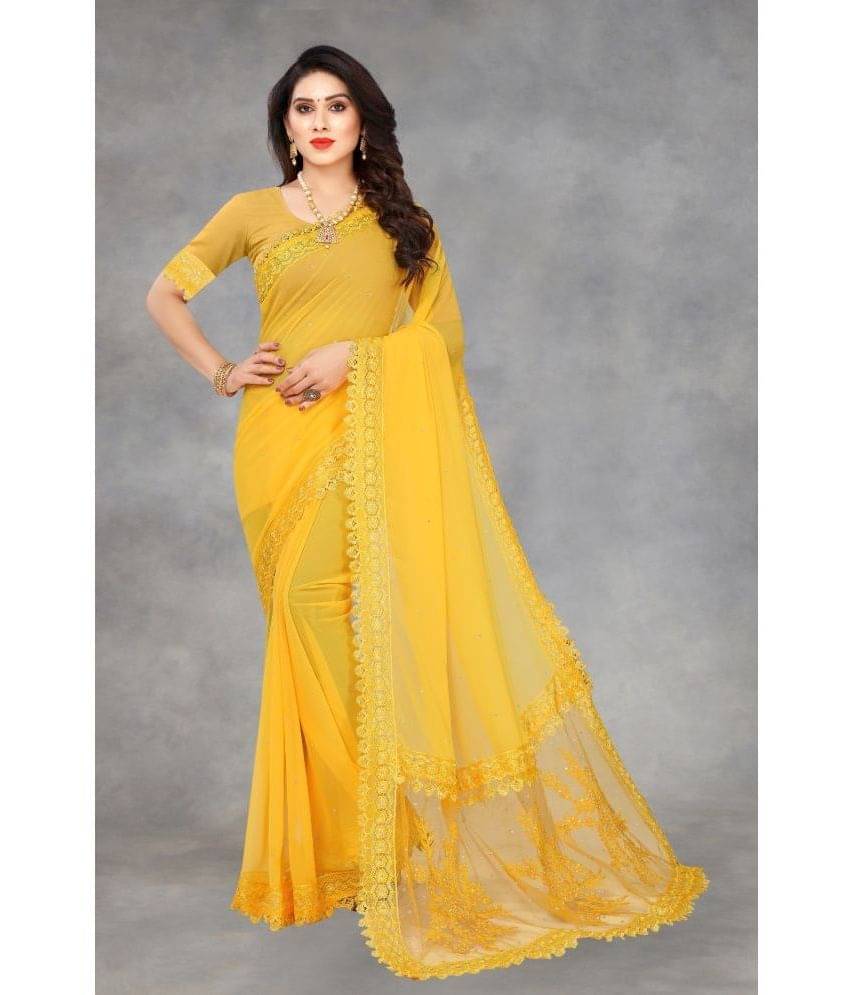 JULEE Georgette Embellished Saree With Unstitched Blouse Piece ( Yellow ) JULEE Georgette Embellished Saree With Unstitched Blouse Piece ( Yellow )