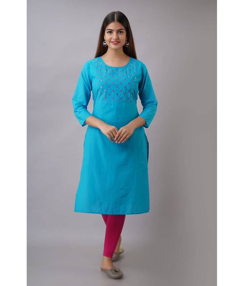 KSHARAA - Turquoise Cotton Women's Straight Kurti ( Pack of 1 )     			KSHARAA - Turquoise Cotton Women's Straight Kurti ( Pack of 1 )