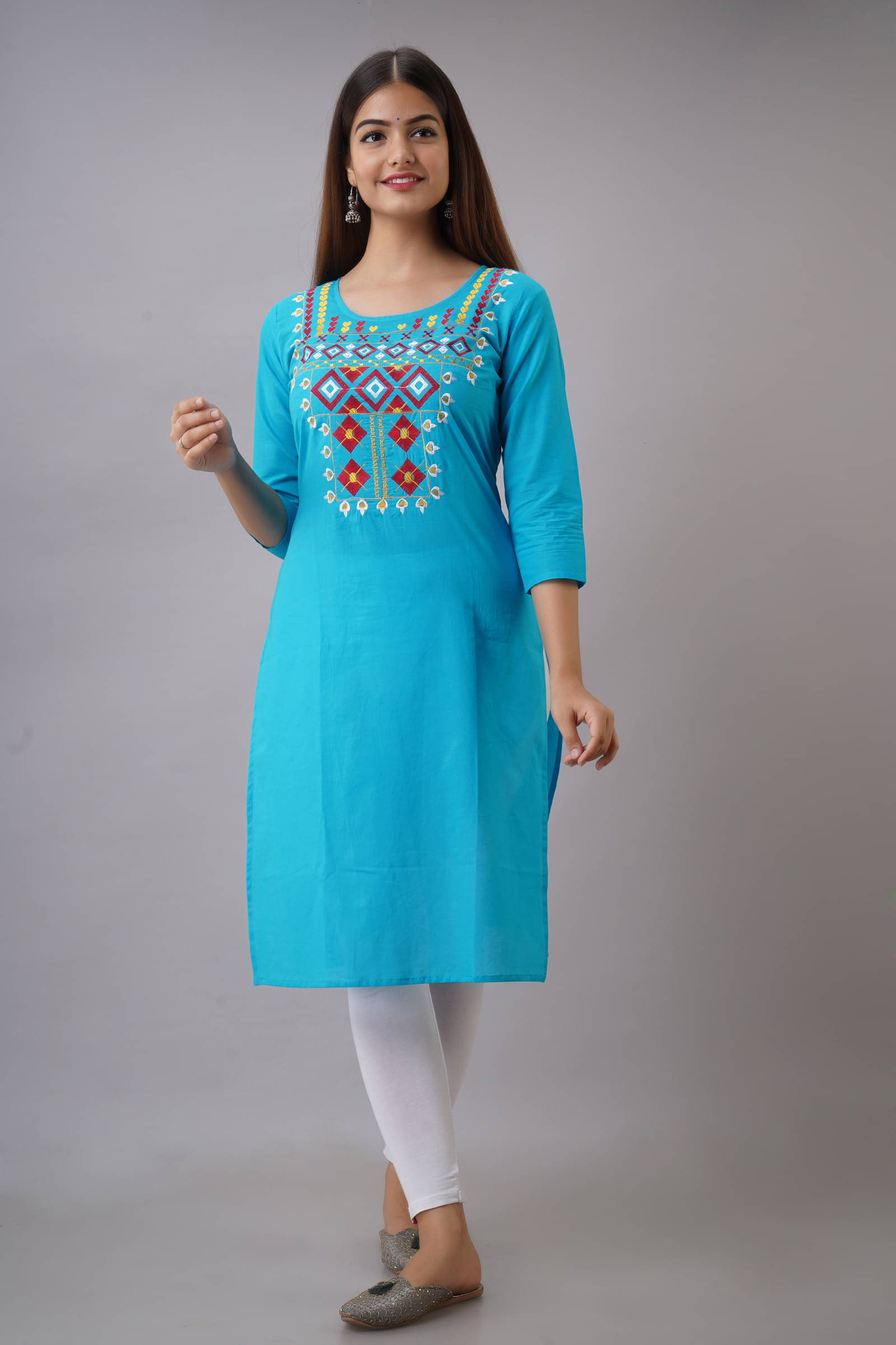 KSHARAA - Turquoise Cotton Women's Straight Kurti ( Pack of 1 ) KSHARAA - Turquoise Cotton Women's Straight Kurti ( Pack of 1 )