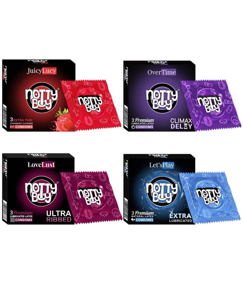 NottyBoy Multi Variety Extra Thin Strawberry Fruit Flavoured, Ultra Ribbed, Long Time, More Lubricated Smooth Condoms - 12 Units