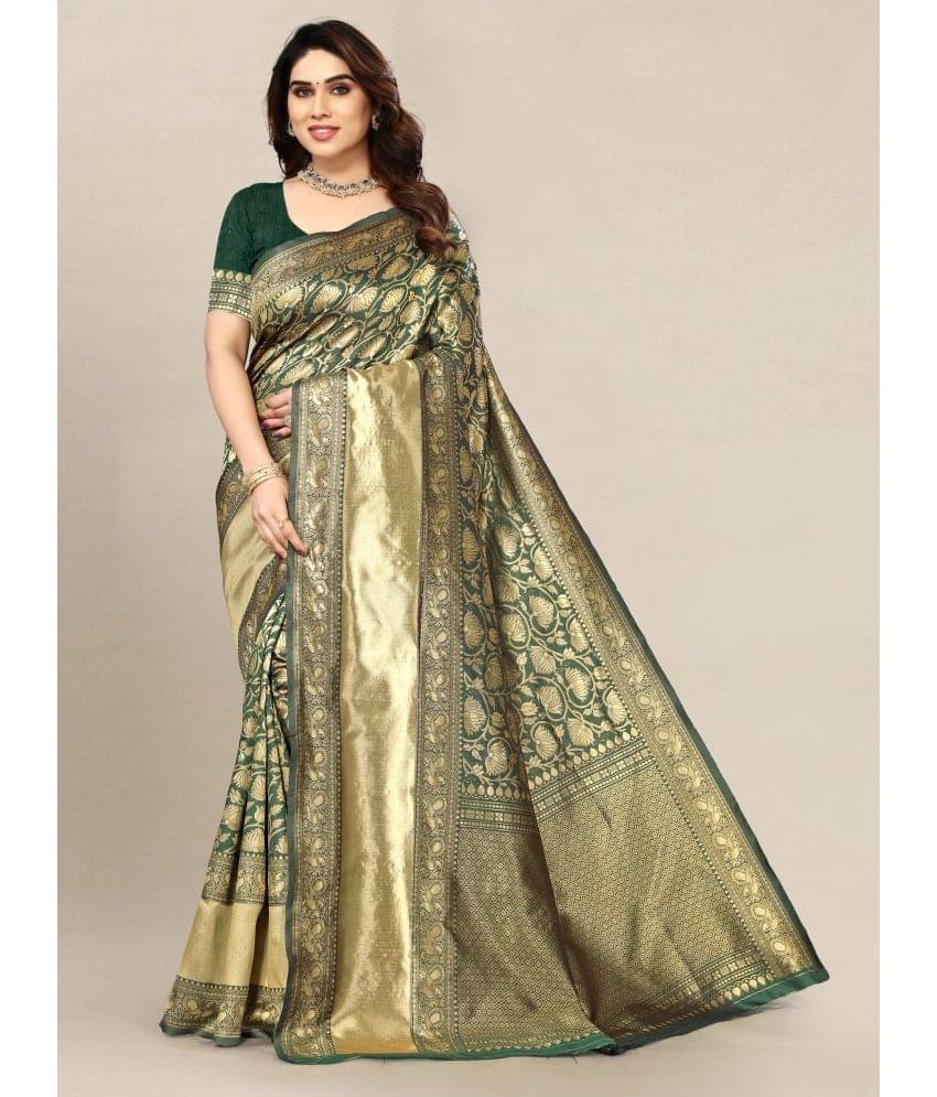     			Om Shantam Sarees Banarasi Silk Self Design Saree With Unstitched Blouse Piece ( Green )