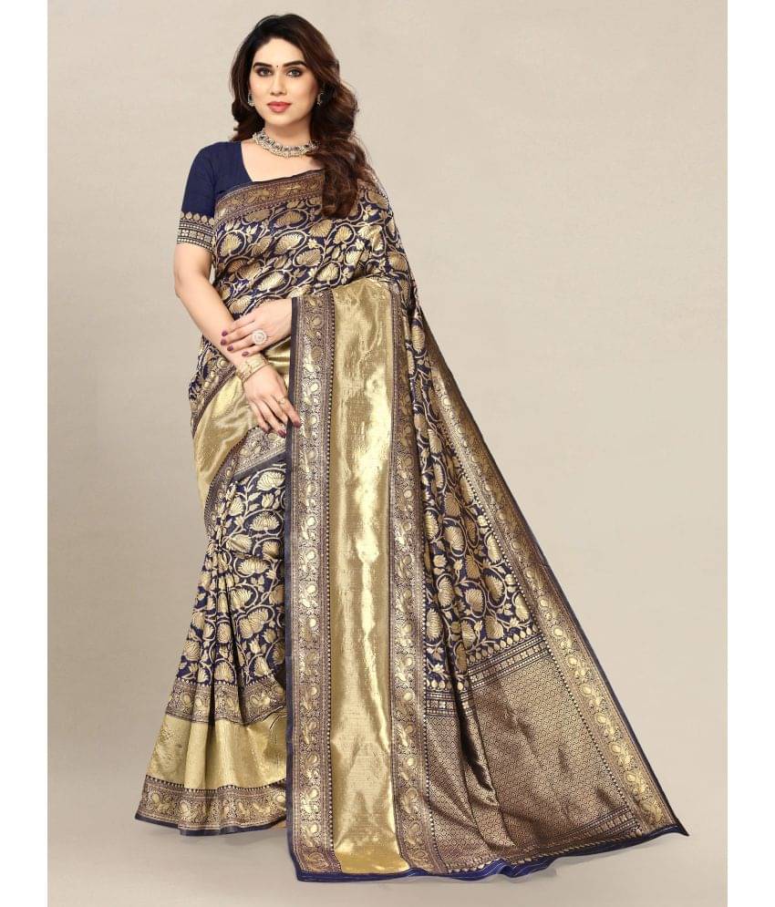 Om Shantam Sarees Banarasi Silk Self Design Saree With Unstitched Blouse Piece ( Navy Blue ) Om Shantam Sarees Banarasi Silk Self Design Saree With Unstitched Blouse Piece ( Navy Blue )