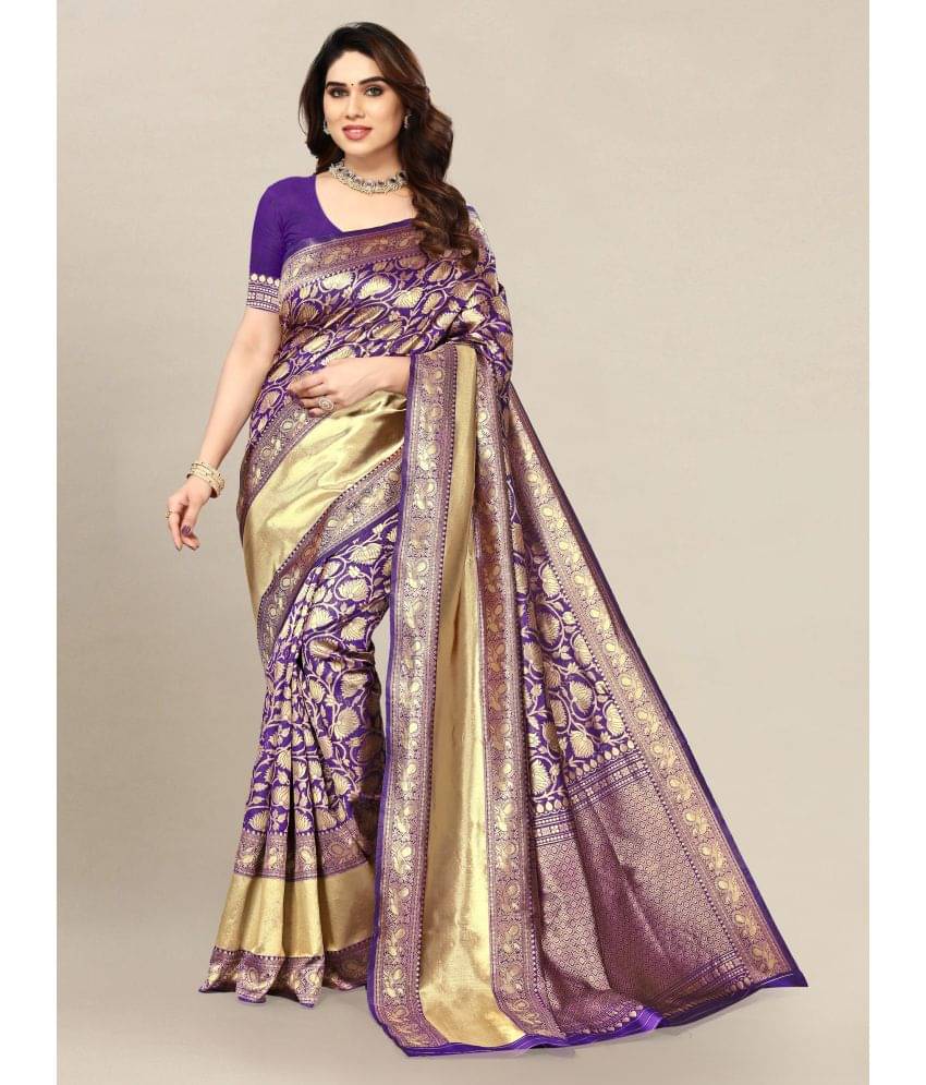     			Om Shantam Sarees Banarasi Silk Self Design Saree With Unstitched Blouse Piece ( Purple )