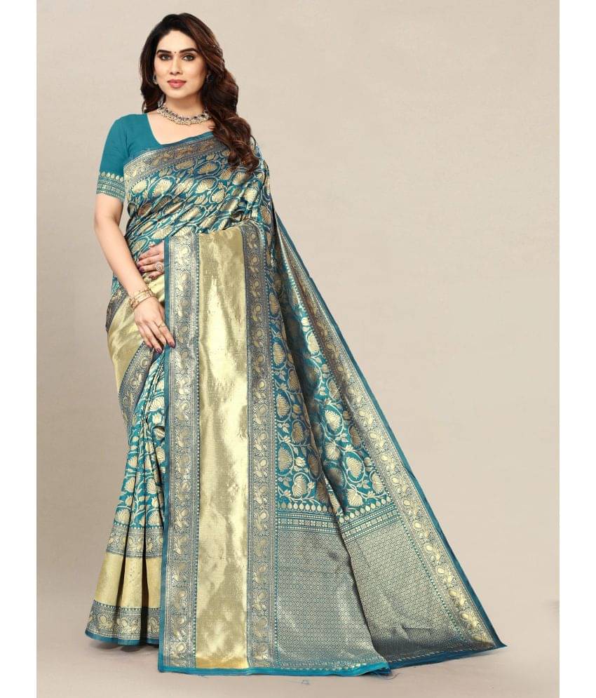     			Om Shantam Sarees Banarasi Silk Self Design Saree With Unstitched Blouse Piece ( Turquoise )