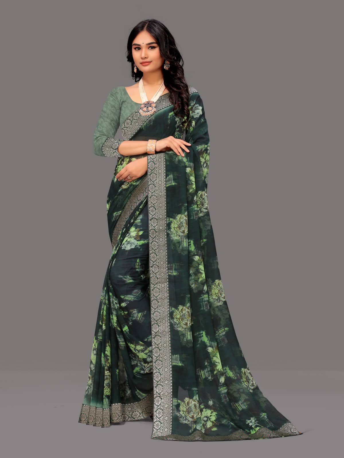 Sitanjali Georgette Printed Saree With Unstitched Blouse Piece ( Green ) - Sarees | Buy online on ZillyBuy