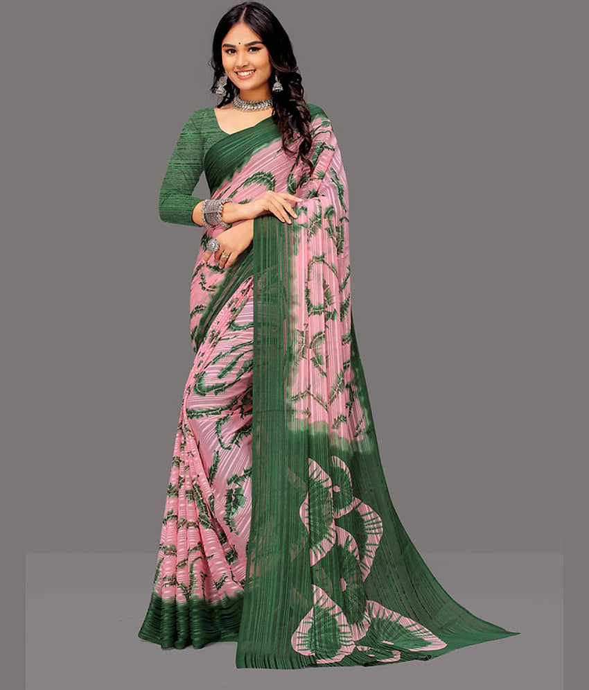 Sitanjali Lifestyle Georgette Printed Saree With Unstitched Blouse Piece ( Green ) - Sarees | Buy online on ZillyBuy
