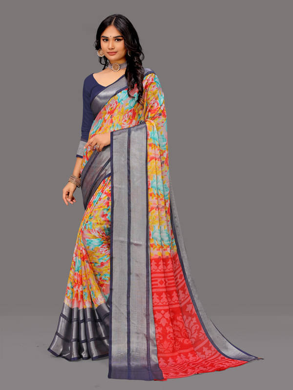     			Sitanjali Lifestyle Chiffon Printed Saree With Unstitched Blouse Piece ( Navy Blue )