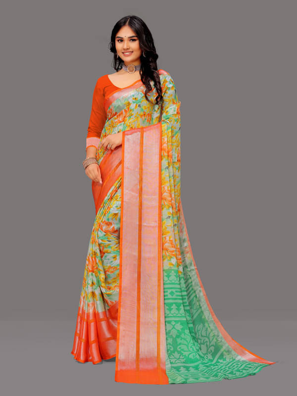 Sitanjali Lifestyle Chiffon Printed Saree With Unstitched Blouse Piece ( Orange ) Sitanjali Lifestyle Chiffon Printed Saree With Unstitched Blouse Piece ( Orange )