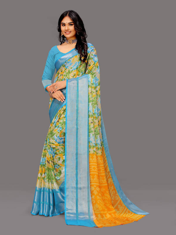     			Sitanjali Lifestyle Chiffon Printed Saree With Unstitched Blouse Piece ( SkyBlue )