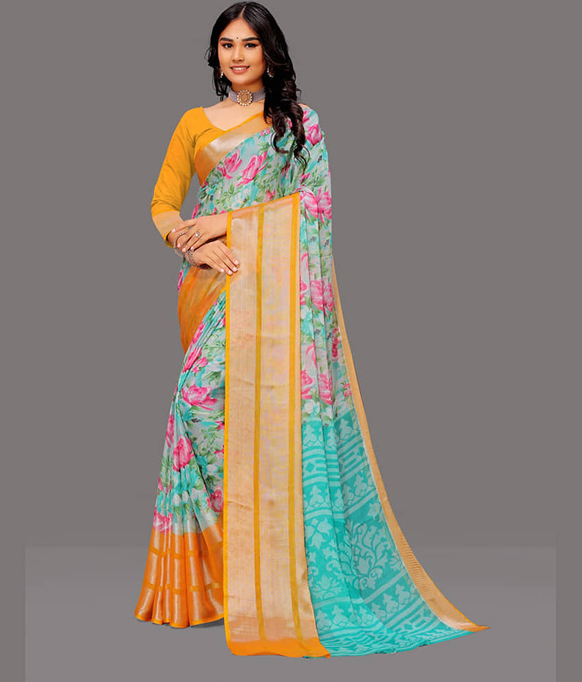 Sitanjali Lifestyle Chiffon Printed Saree With Unstitched Blouse Piece ( SkyBlue ) - Sarees | Buy online on ZillyBuy