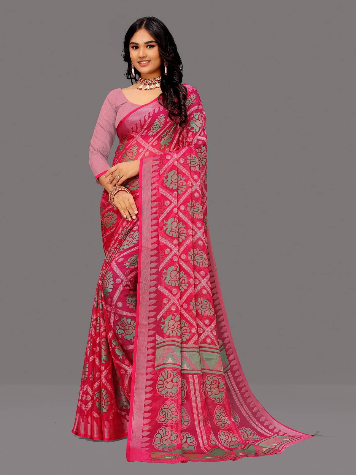     			Sitanjali Brasso Printed Saree With Unstitched Blouse Piece ( Pink )