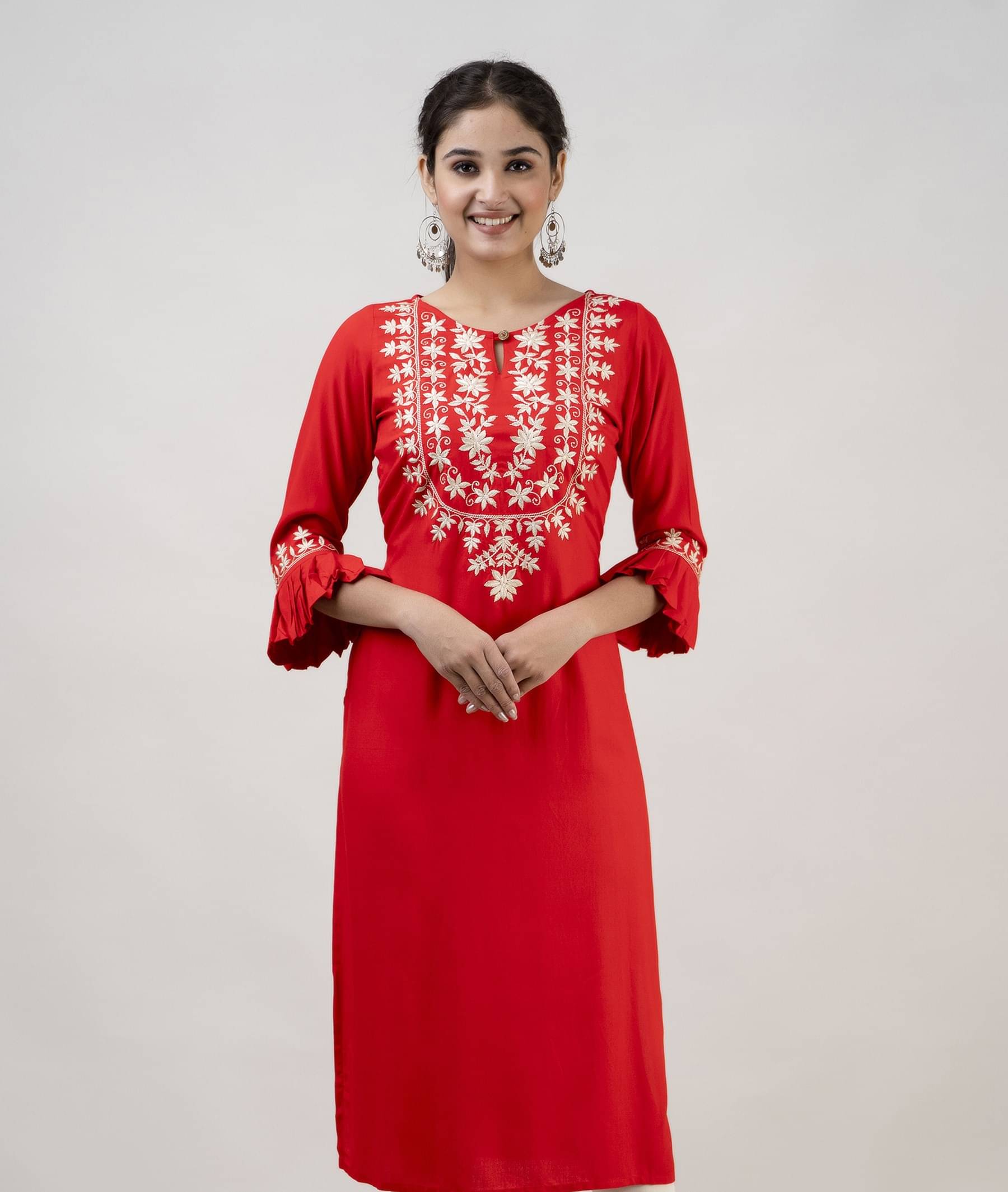     			MAUKA - Red Rayon Women's Straight Kurti ( Pack of 1 )