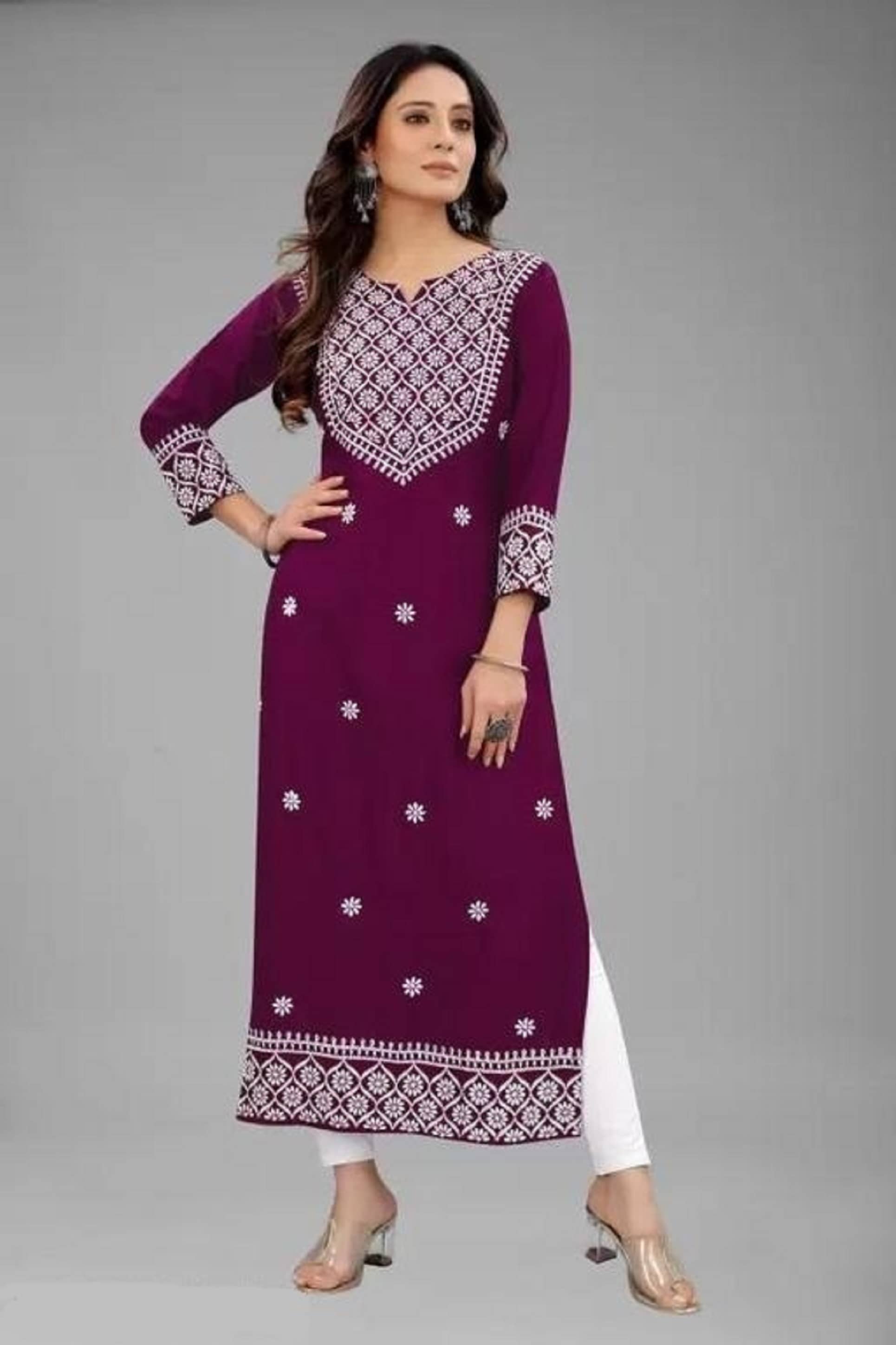 QPEEZ - Purple Rayon Women's Straight Kurti ( Pack of 1 ) - Kurtis, Tunics | Buy online on ZillyBuy